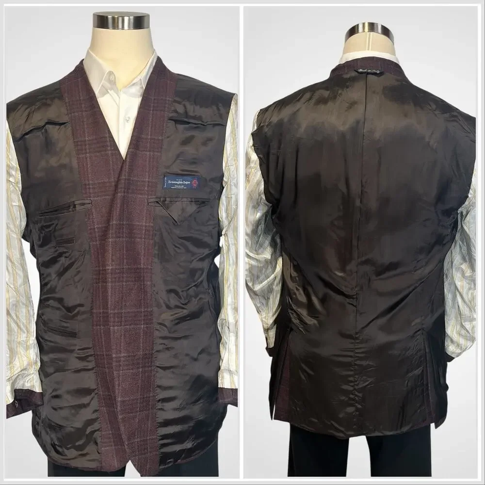 Ermenegildo Zegna Traveller Australian Wool Heathered Merlot Burgundy Plaid 44L